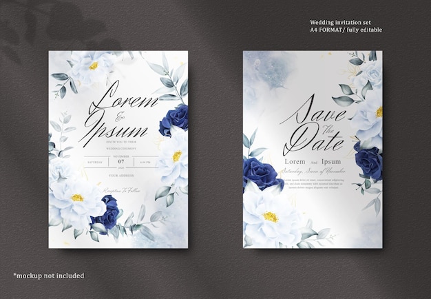 Artigos de papelaria de casamento com moldura floral em aquarela elegante com flores e folhas azuis marinhos