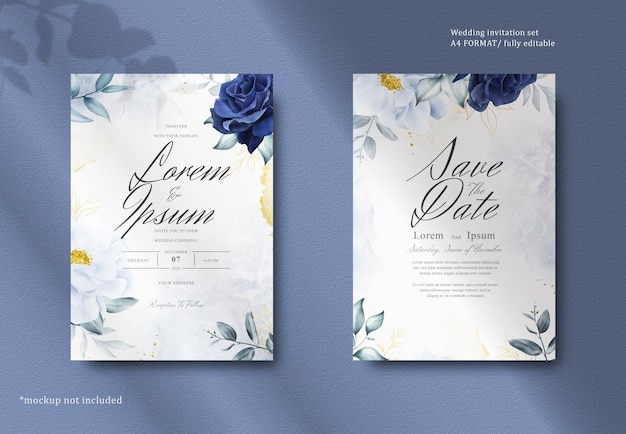 PSD artigos de papelaria de casamento elegantes com flores e folhas azuis marinhos