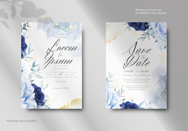 PSD artigos de papelaria de casamento floral aquarela elegante com flor azul marinho e folhas