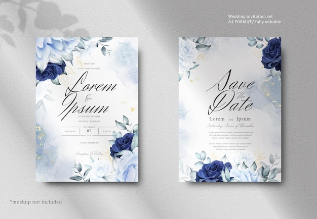 PSD artigos de papelaria de casamento floral aquarela elegante com flor azul marinho e folhas