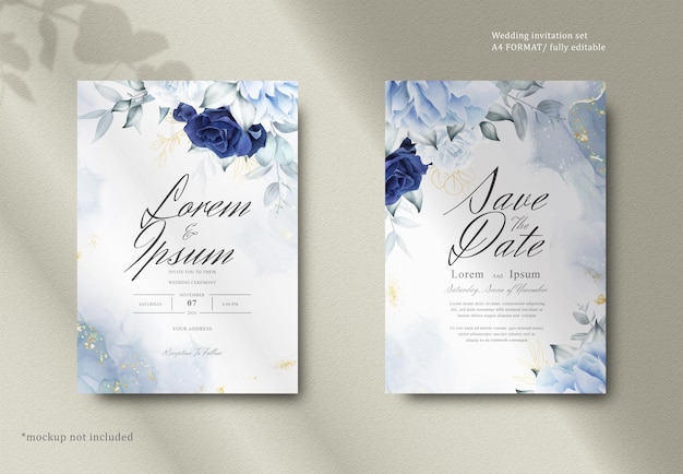 Artigos de papelaria de casamento floral aquarela elegante com flor azul marinho e folhas