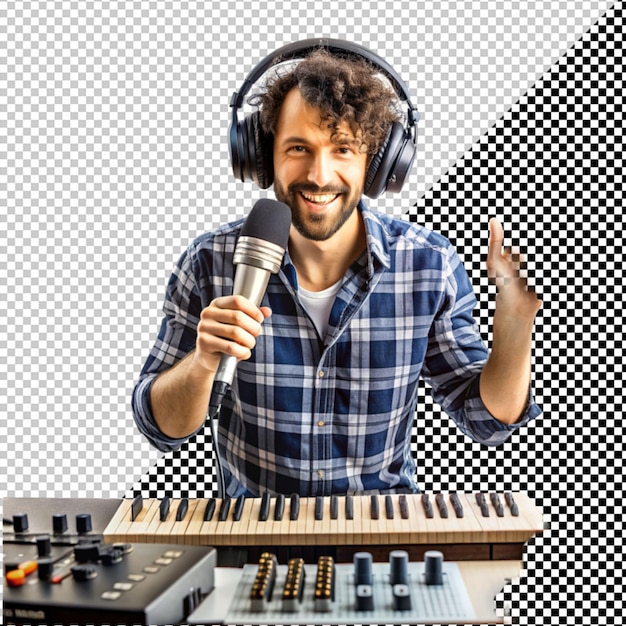 PSD artist with mic and headphones in studio