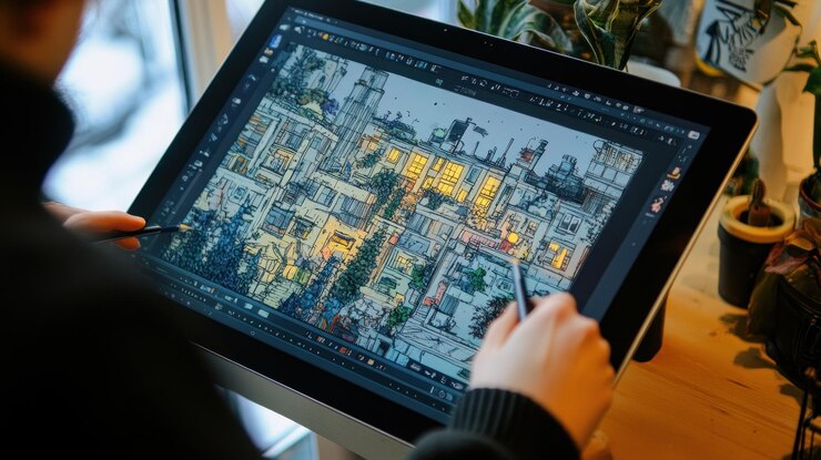 PSD artista che crea illustrazioni digitali dettagliate