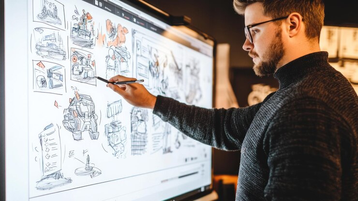 PSD artista che illustra concetti su uno schermo digitale