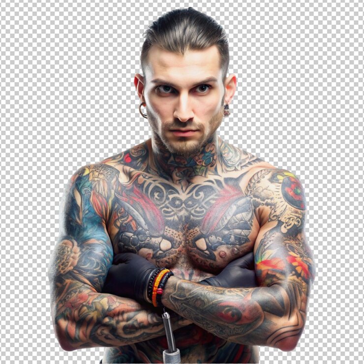 PSD artista de tatuagem de foto homem isolado em fundo transparente