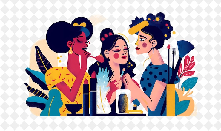 PSD artista di trucco chic con personaggi che applicano e creano mak png persone nell'illustrazione del lavoro quotidiano