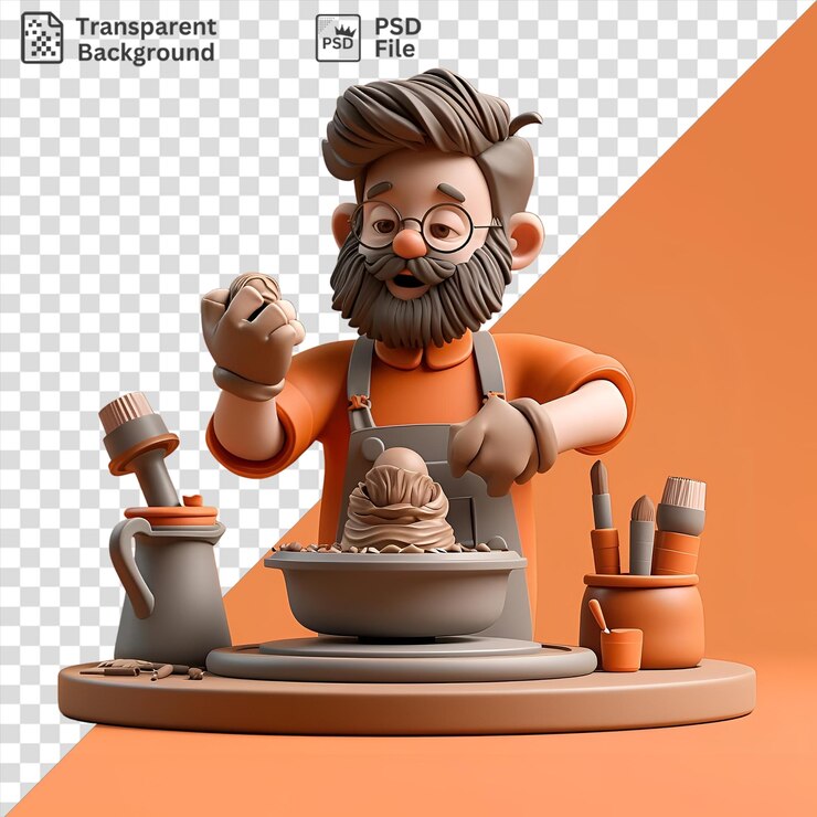 PSD un artista de dibujos animados en 3d esculpiendo una obra maestra en un plato blanco con un juguete contra una pared naranja con una correa gris y negra visible en primer plano