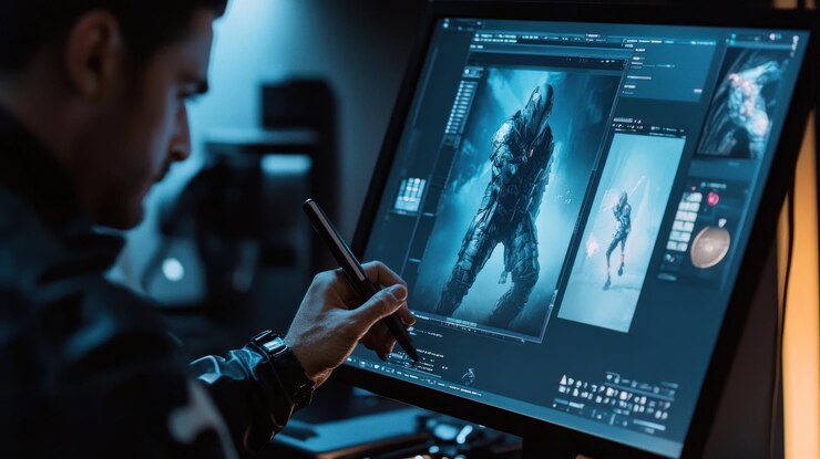 PSD artista digitale che crea disegni di personaggi sci-fi