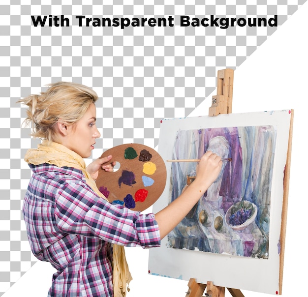Artista feminina pintando esboço de tela PNG PSD em fundo transparente