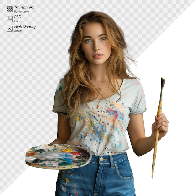 PSD artista feminina segurando uma paleta e um pincel em um fundo transparente