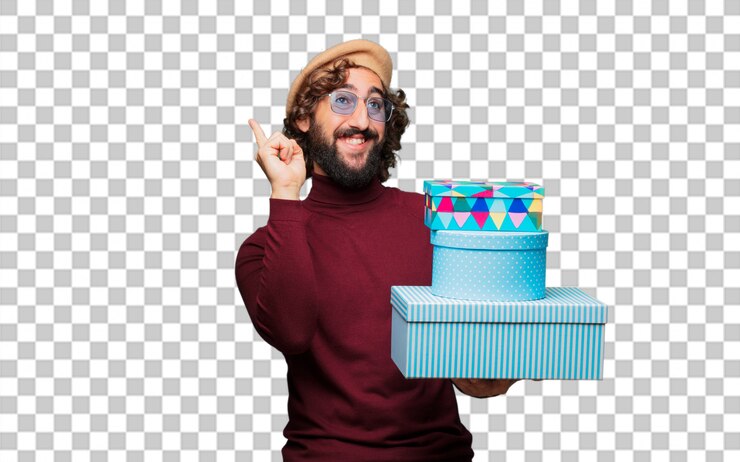 PSD artista francés con una boina con cajas de regalo.