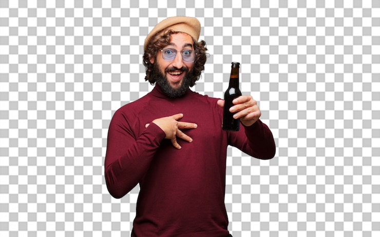 PSD artista francés con una boina sosteniendo una cerveza