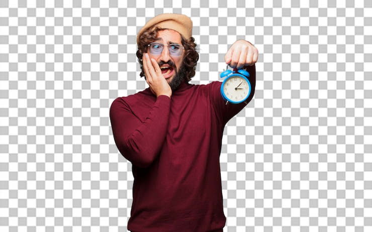 PSD artista francés con una boina sosteniendo un reloj despertador.