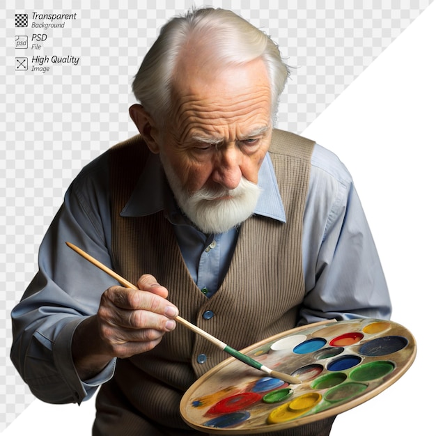 PSD artista idoso pinta atentamente com aquarelas com expressão focada