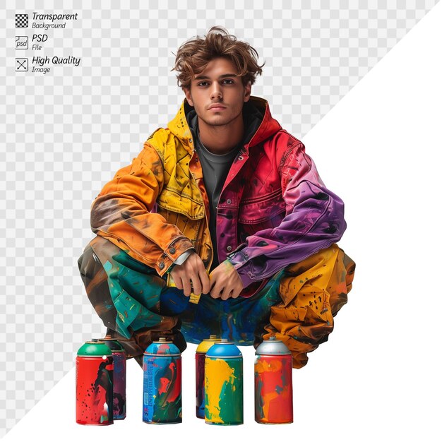 Artista joven y elegante con latas de spray de colores en un fondo transparente