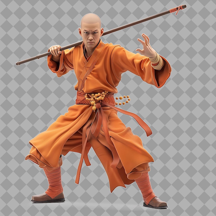 PSD artista marcial del templo de shaolin con forma ágil trad aislado render de carácter de alta calidad
