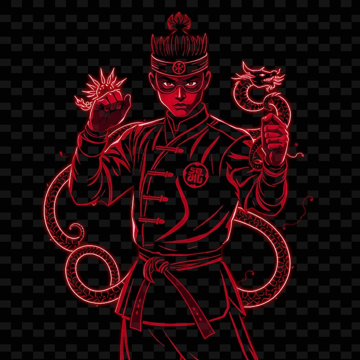 PSD artista marcial tonado con uniforme de neón diseño de arte oriental con ilustración profunda caracteres de neón