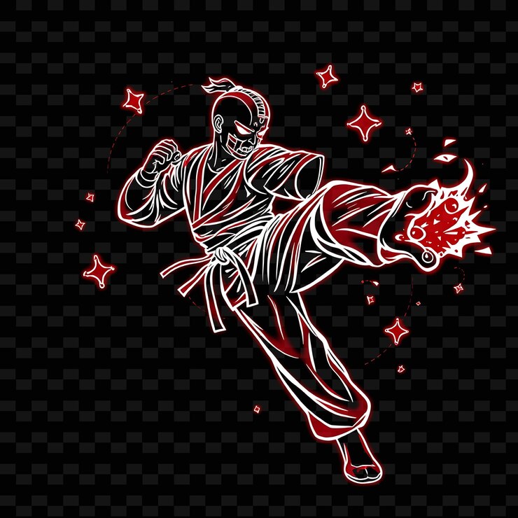 PSD artista marziale in high kick neon manga art design con energico decorazione a tema di colore rosso e bianco
