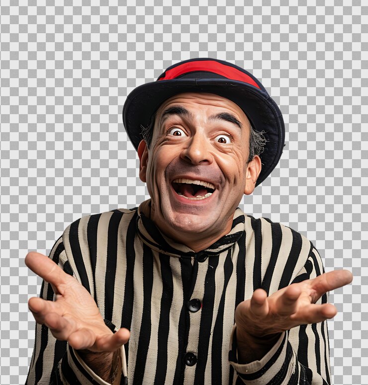 PSD artista de mimo gestando alegría con sus manos en un fondo transparente aislado