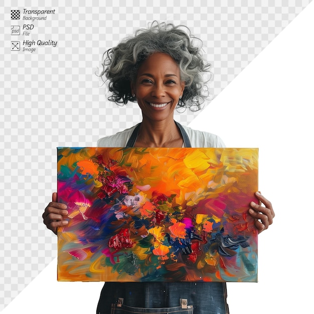 Artista senior alegre presentando una vibrante pintura abstracta