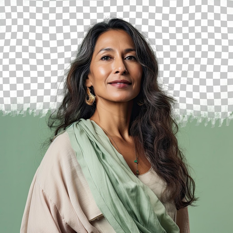 PSD artista serena da ásia ocidental mulher de meia-idade de cabelos longos posa com um ombro para a frente no estilo verde pastel