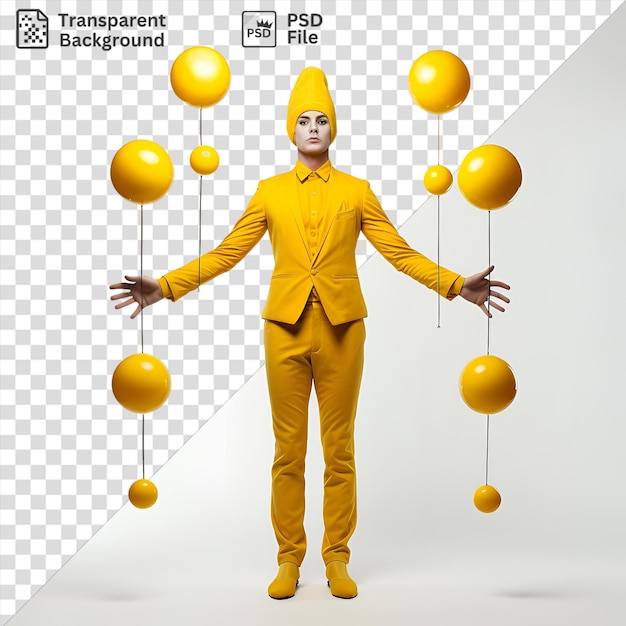 PSD artistas de circo fotográficos realistas aislados haciendo malabarismos con alfileres y globos con globos amarillos un traje amarillo y una pelota amarilla con una mano y una pierna visibles en primer plano