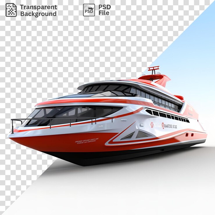 PSD artistas que representan un barco blanco y rojo en un cielo azul claro con una ventana de vidrio en primer plano