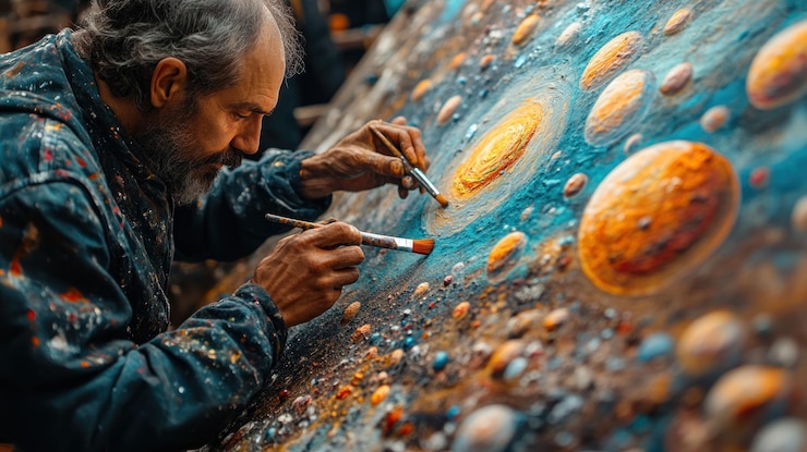 PSD un artiste adulte peint une grande toile avec une scène cosmique de planètes et d'étoiles