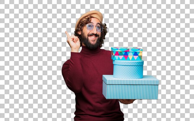 PSD artiste français avec un béret avec des coffrets cadeaux