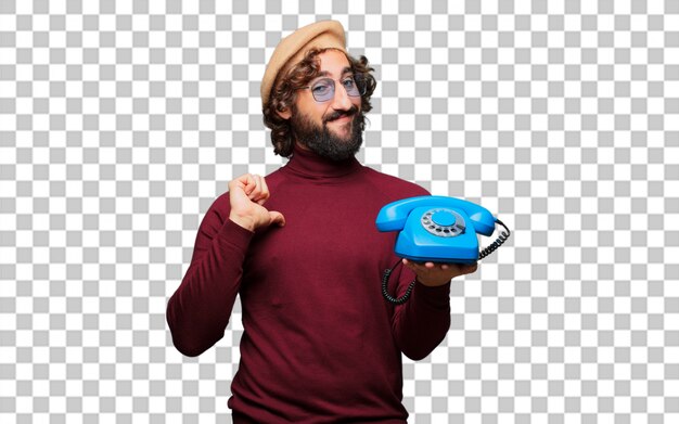 PSD artiste français avec un béret avec un téléphone vintage