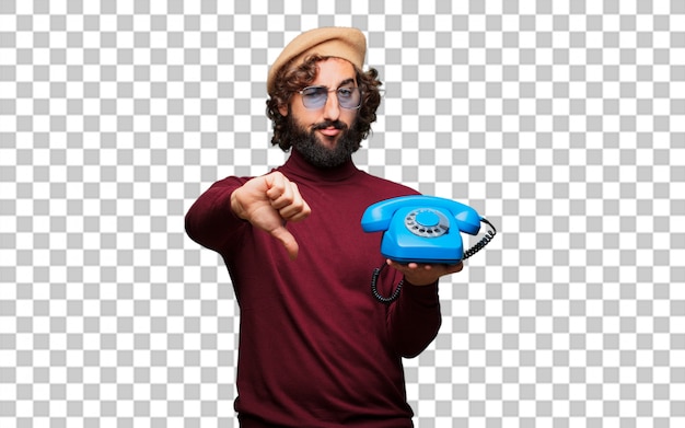 Artiste français avec un béret avec un téléphone vintage