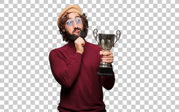 PSD artiste français avec un béret tenant un trophée