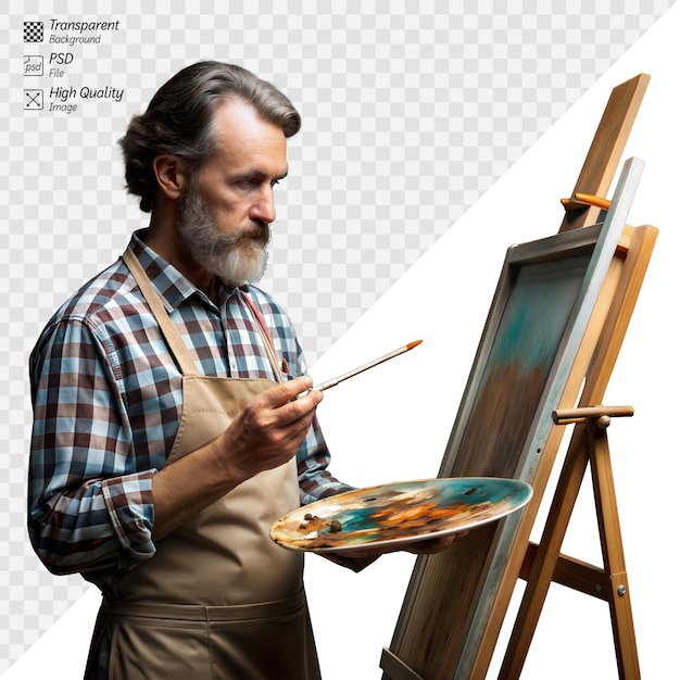 PSD artiste masculin senior peignant attentivement sur un chevalet dans un studio
