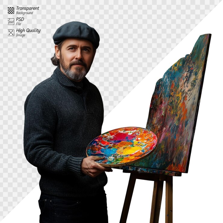 PSD artiste masculin tenant une palette colorée debout à côté d'une peinture abstraite sur un fond transparent