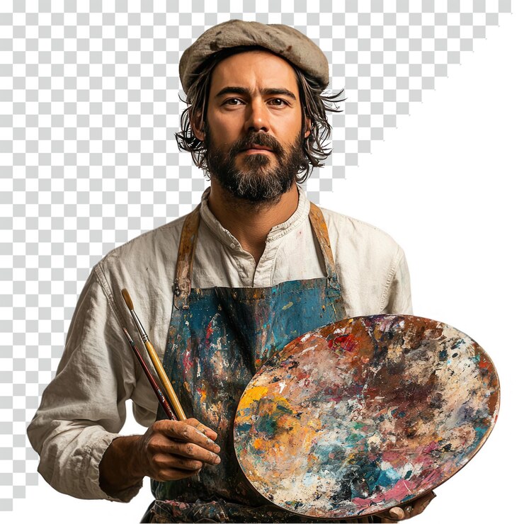 PSD un artiste réfléchi portant un tablier teinté de peinture sur un fond transparent