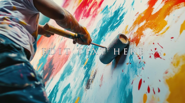 PSD artiste utilisant un rouleau de peinture sur une grande toile colorée