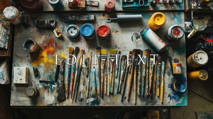 PSD artistes espace de travail en désordre avec pinceaux peintures et fournitures