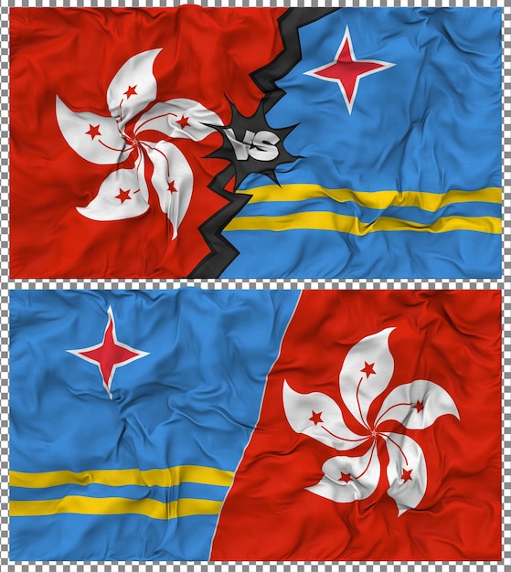 Aruba contre Hong Kong Half Combined Flag Cloth Bump Texture Rendering 3D Il s'agit d'une combinaison de drapeaux à moitié combinés.