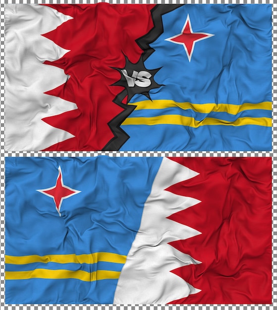 Aruba gegen Bahrain Halbkombinierte Flagge Stoff Bump Textur 3D-Rendering