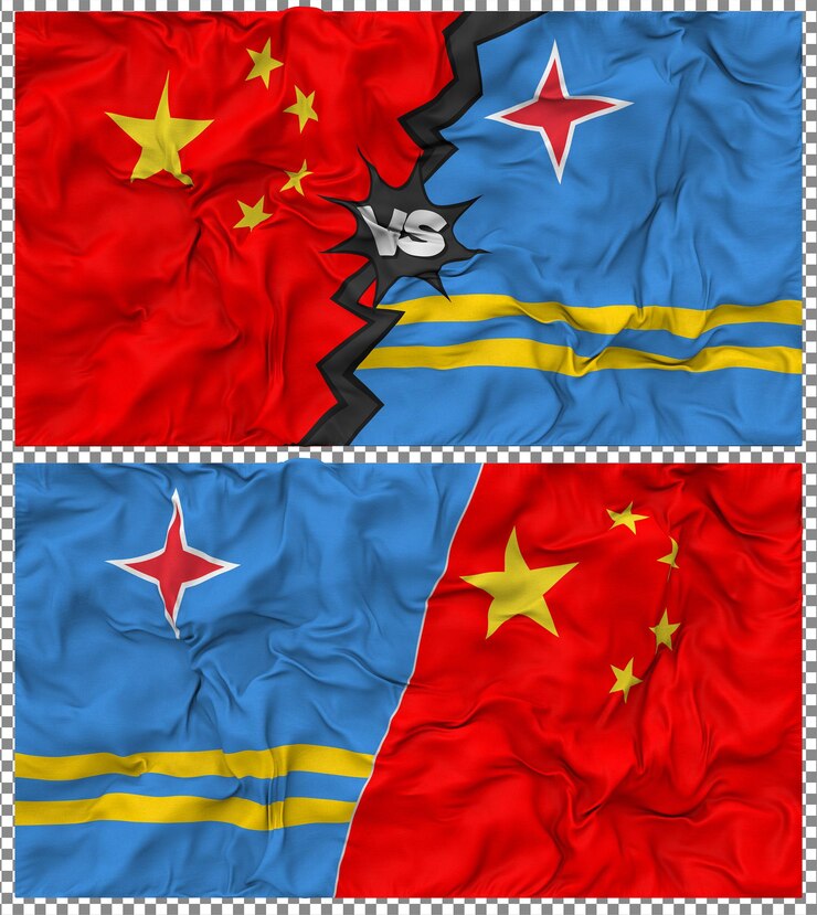 PSD aruba gegen china halbkombinierte flagge stoff bump textur 3d-rendering