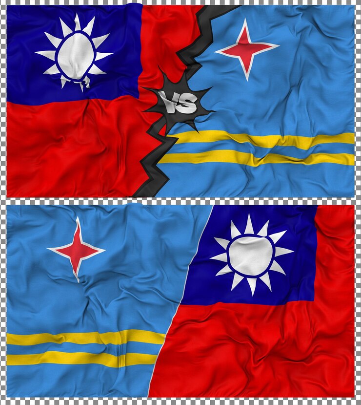 PSD aruba gegen taiwan halbkombinierte flagge stoff-bump-textur 3d-rendering