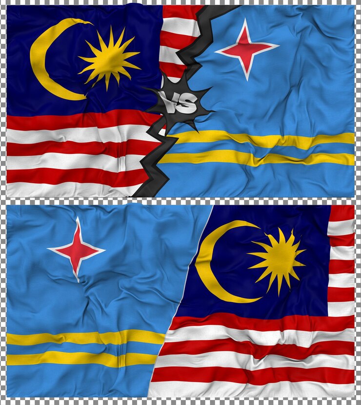 PSD aruba vs malaysia half combined flag cloth bump texture 3d rendering