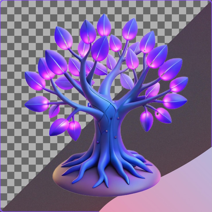 PSD árvore 3d brilhante com folhas roxas