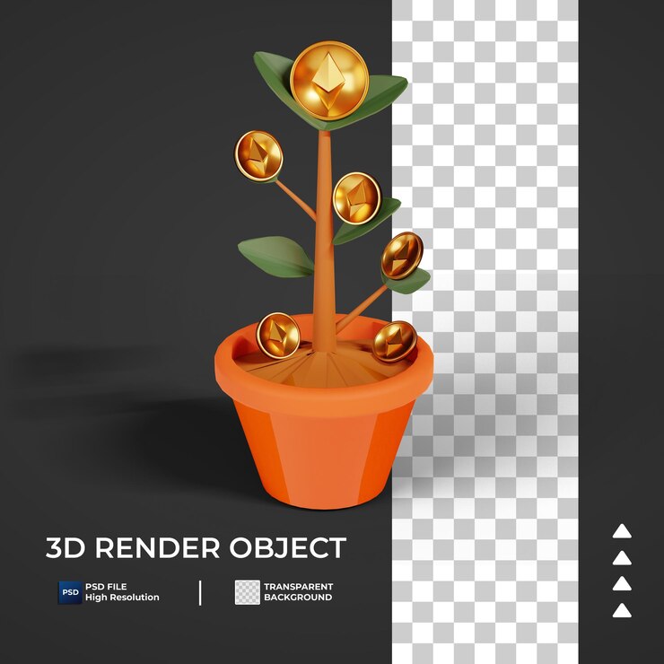 PSD árvore de ethereum de ouro de criptomoeda 3d