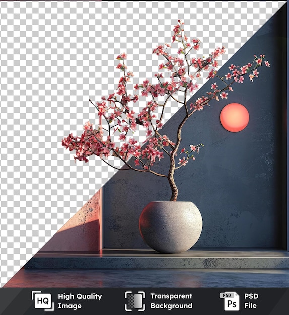 PSD Árvore de mochi psd transparente de alta qualidade em um vaso branco lança uma sombra contra uma parede cinzenta com uma flor rosa em primeiro plano