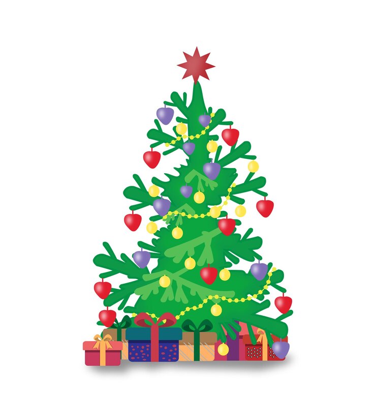 PSD árvore de natal colorida decorada com presentes e estrela isolada em fundo branco