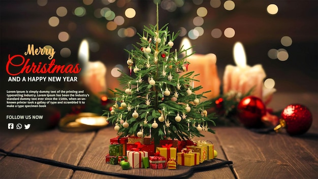 Árvore de Natal com presentes em mesa de madeira