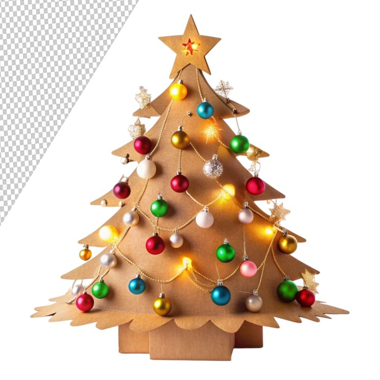 PSD árvore de natal de papelão decorada com bolas isoladas em fundo transparente