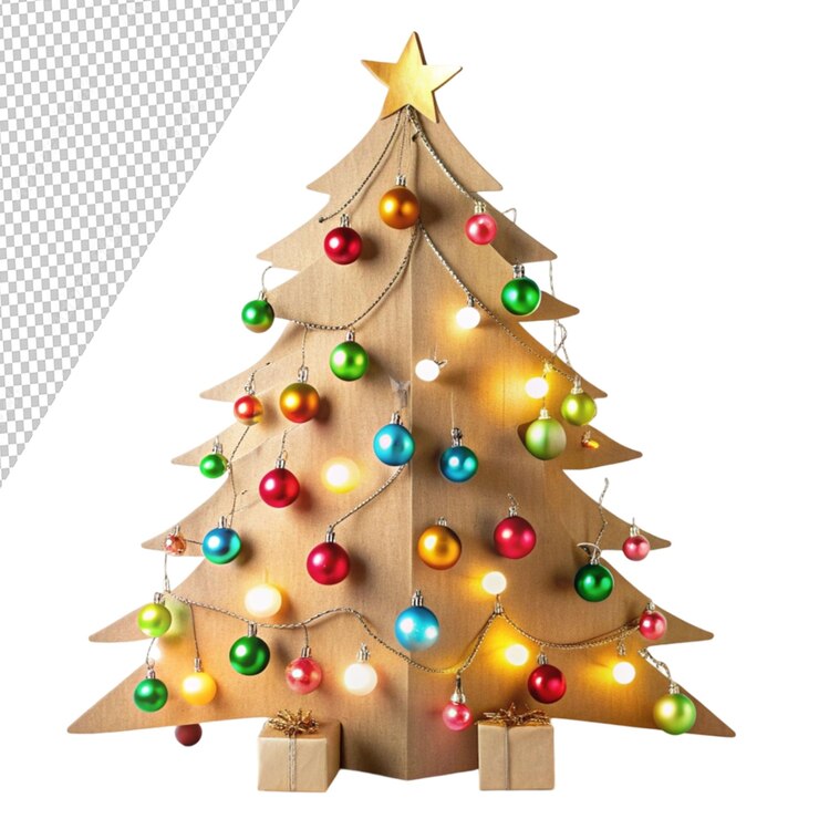 PSD árvore de natal de papelão decorada com bolas isoladas em fundo transparente