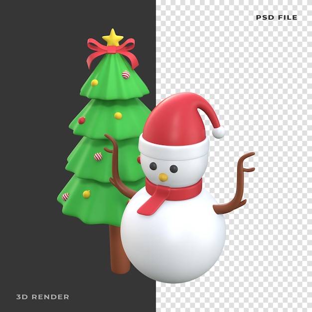 Árvore de natal do boneco de neve 3d em fundo transparente